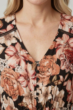 Black | Floral Long Sleeve V-Neck Midi Dress