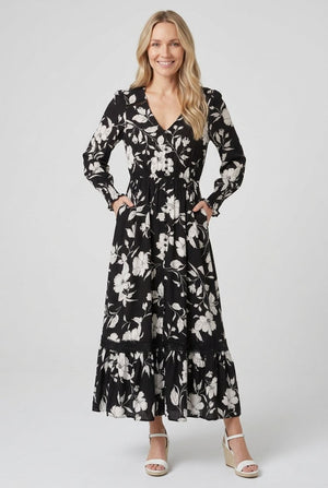 Black | Floral Print Long Sleeve Maxi Dress