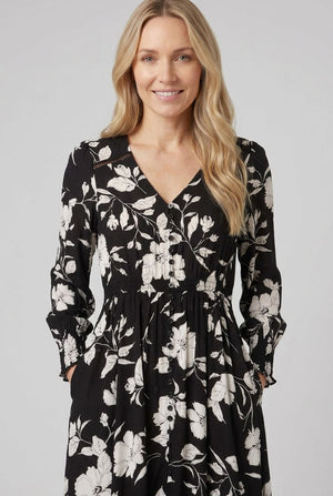 Black | Floral Print Long Sleeve Maxi Dress