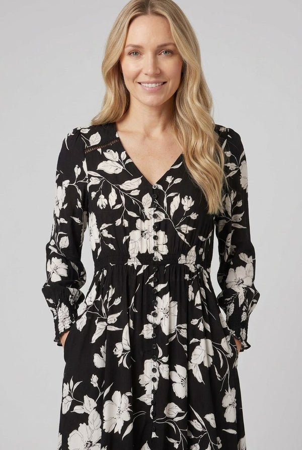 Black | Floral Print Long Sleeve Maxi Dress