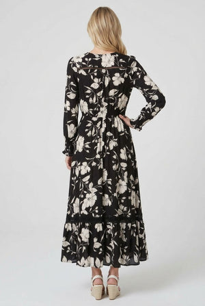 Black | Floral Print Long Sleeve Maxi Dress