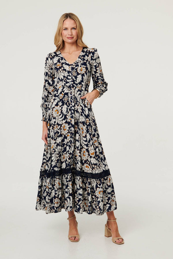 Navy | Floral Long Sleeve Trim Maxi Dress