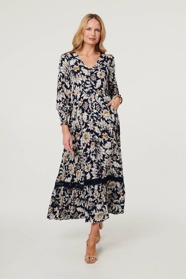 Navy | Floral Long Sleeve Trim Maxi Dress
