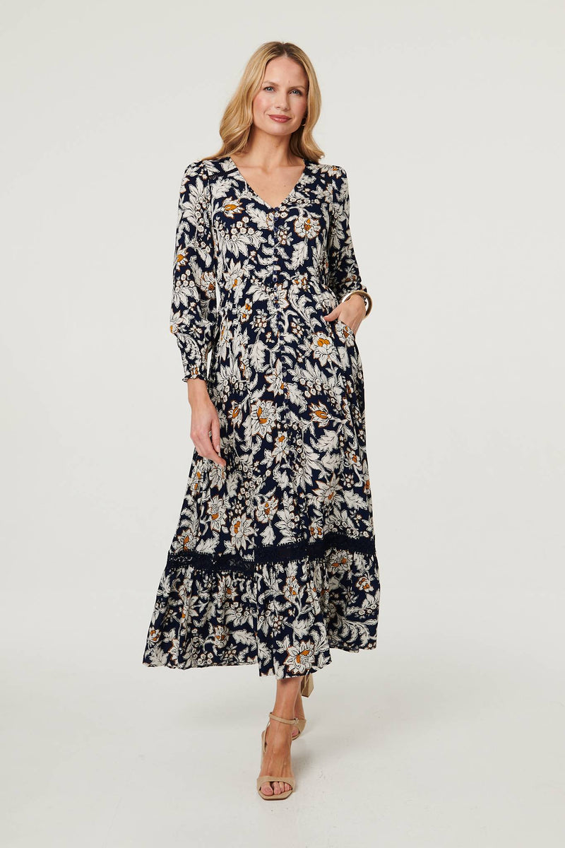 Floral Long Sleeve Trim Maxi Dress | Izabel London