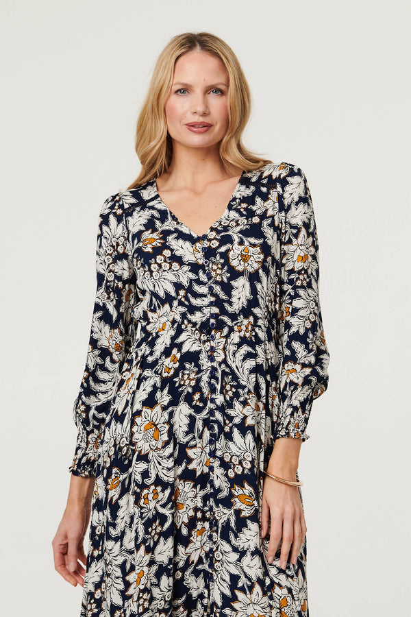 Navy | Floral Long Sleeve Trim Maxi Dress
