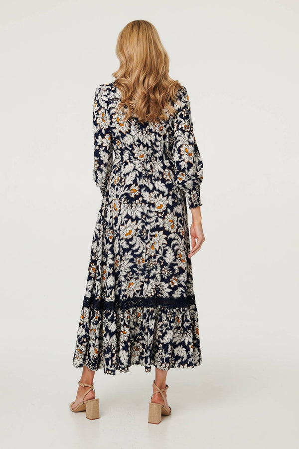 Navy | Floral Long Sleeve Trim Maxi Dress