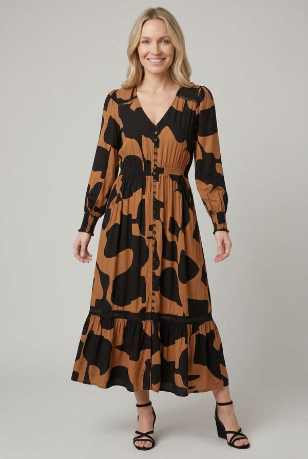 Black | Abstract Long Sleeve V-Neck Maxi Dress