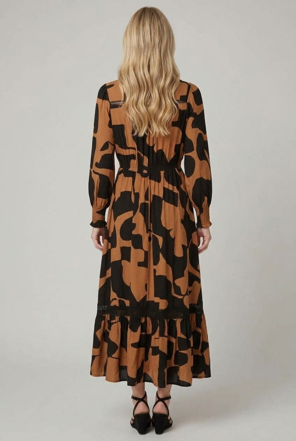 Black | Abstract Long Sleeve V-Neck Maxi Dress
