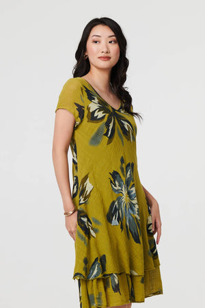 Green | Floral Short Sleeve Knee Length Dress
