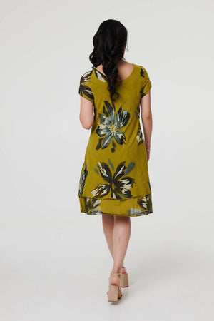 Green | Floral Short Sleeve Knee Length Dress
