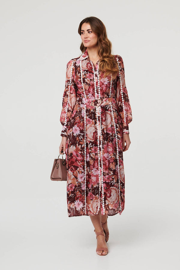 Burgundy | Floral Lace Detail Long Sleeve Maxi Dress