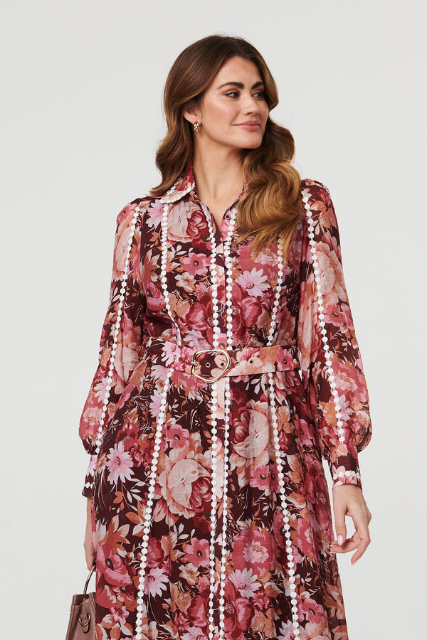 Burgundy | Floral Lace Detail Long Sleeve Maxi Dress