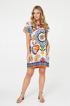 White | Floral Print Knee Length Shift Dress