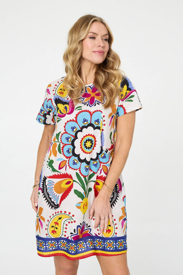 White | Floral Print Knee Length Shift Dress