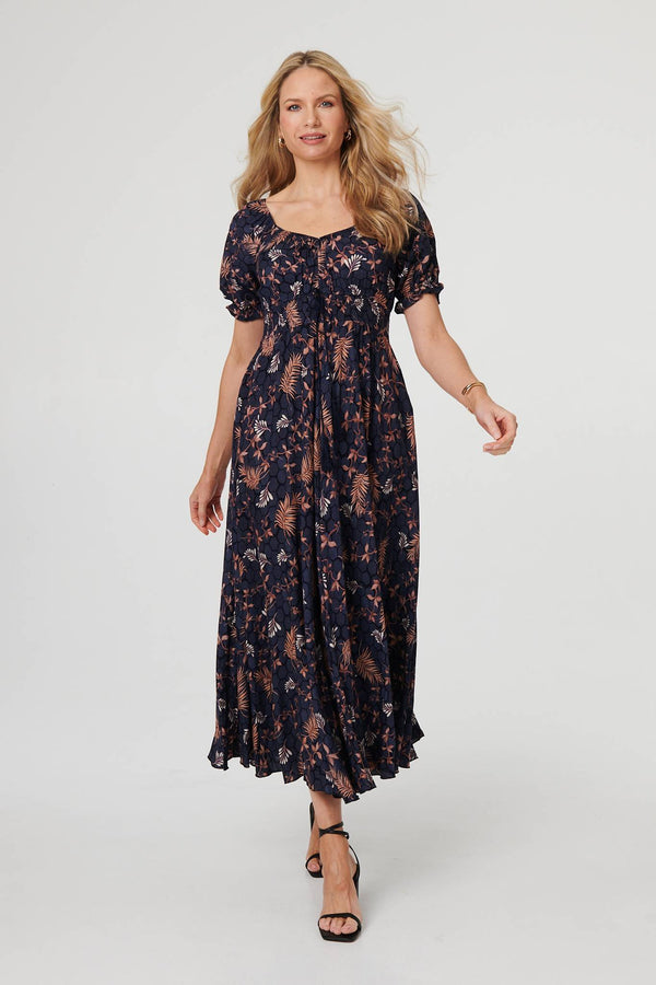 Navy | Leaf Print Short Puff Sleeve Maxi Dress
