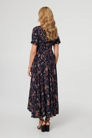 Navy | Leaf Print Short Puff Sleeve Maxi Dress
