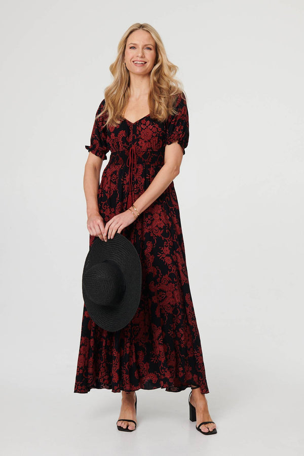 Black | Baroque Print Puff Sleeve Maxi Dress