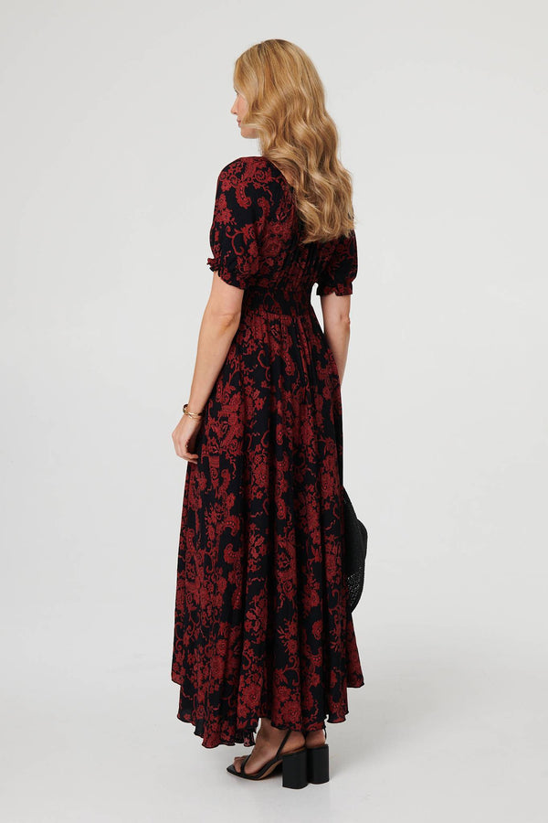 Black | Baroque Print Puff Sleeve Maxi Dress