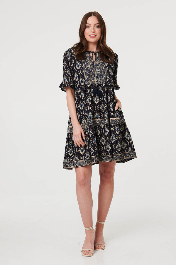 Navy | Printed 1/2 Flared Sleeve Short Dress