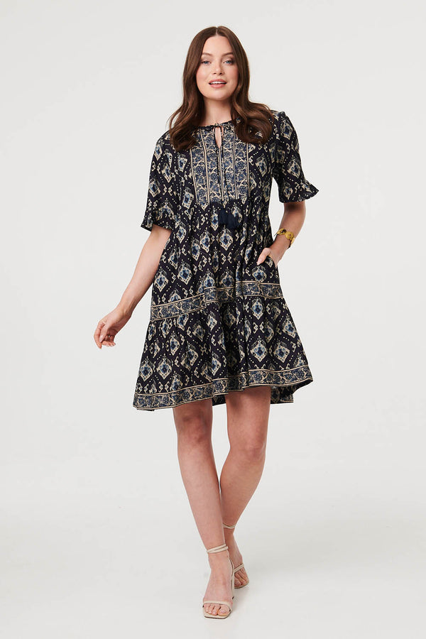Navy | Printed 1/2 Flared Sleeve Short Dress