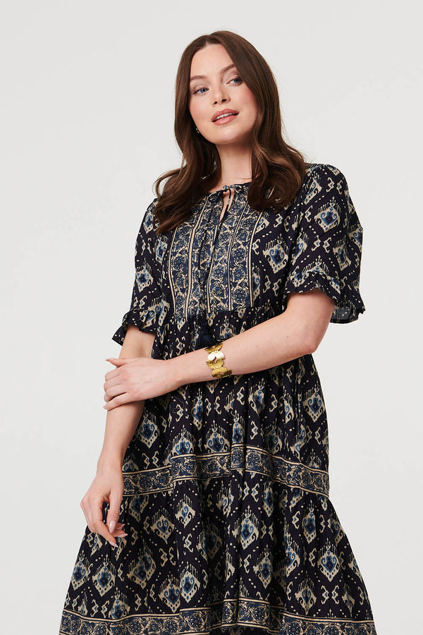 Navy | Printed 1/2 Flared Sleeve Short Dress