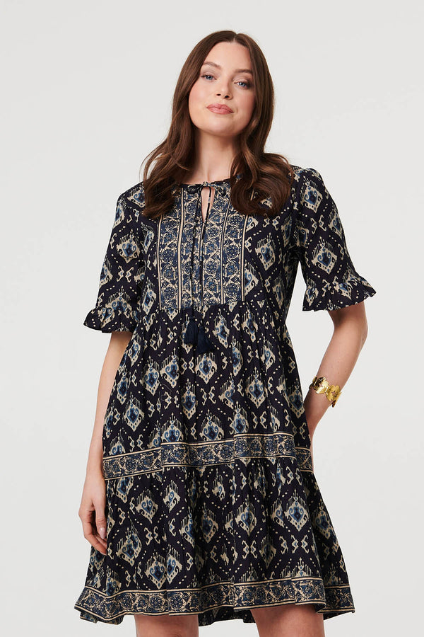 Navy | Printed 1/2 Flared Sleeve Short Dress