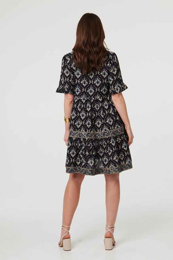 Navy | Printed 1/2 Flared Sleeve Short Dress