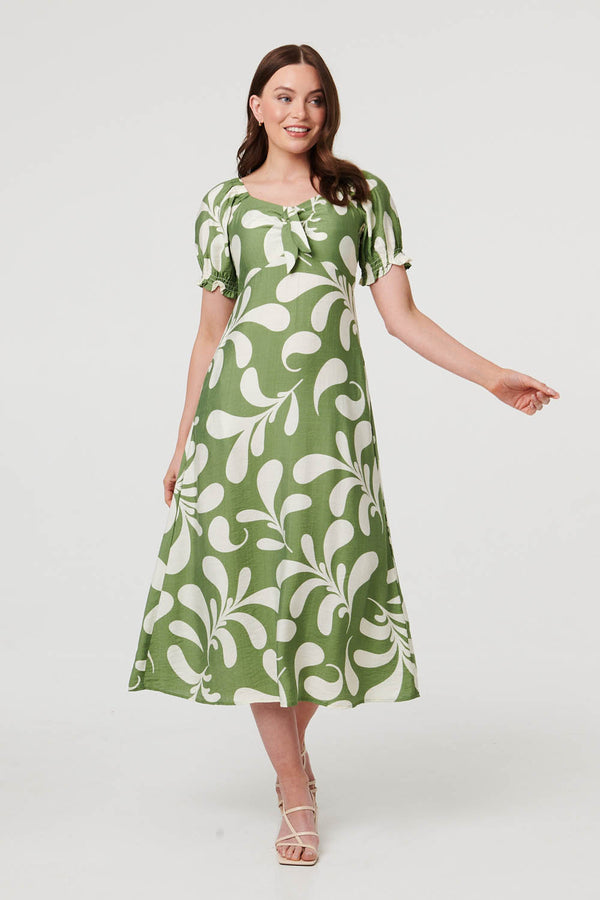 Green | Abstract Puff Sleeve Tie Neck Midi Dress