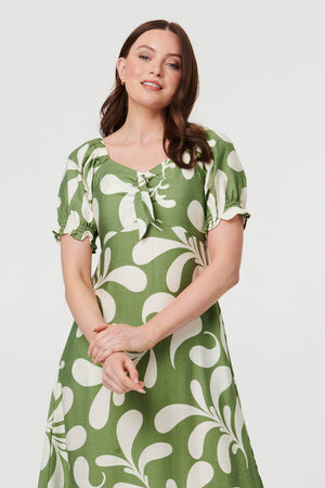 Green | Abstract Puff Sleeve Tie Neck Midi Dress