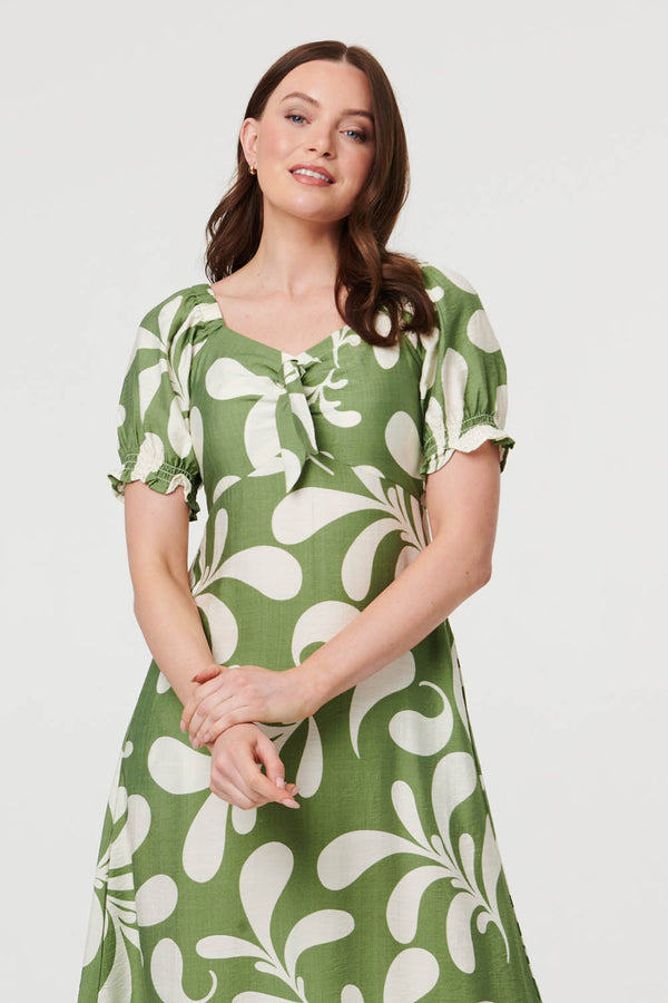 Green | Abstract Puff Sleeve Tie Neck Midi Dress
