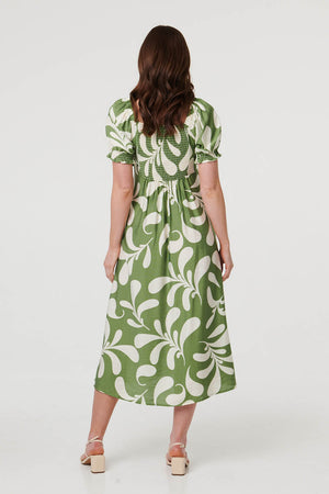 Green | Abstract Puff Sleeve Tie Neck Midi Dress