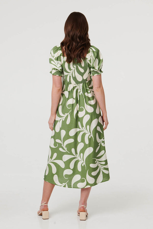 Green | Abstract Puff Sleeve Tie Neck Midi Dress