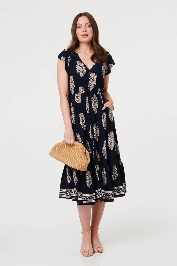Navy | Printed Shirred Cap Sleeve Midi Dress