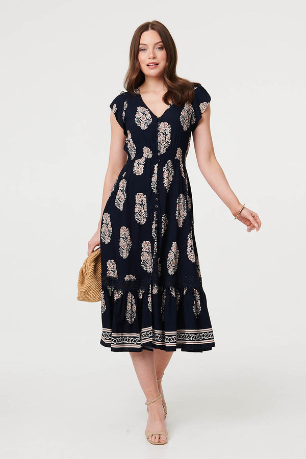 Navy | Printed Shirred Cap Sleeve Midi Dress