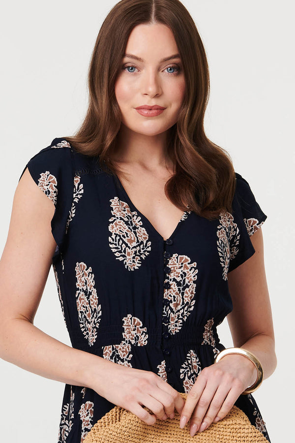 Navy | Printed Shirred Cap Sleeve Midi Dress