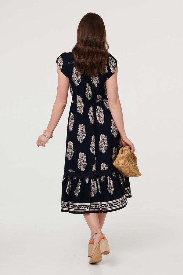 Navy | Printed Shirred Cap Sleeve Midi Dress