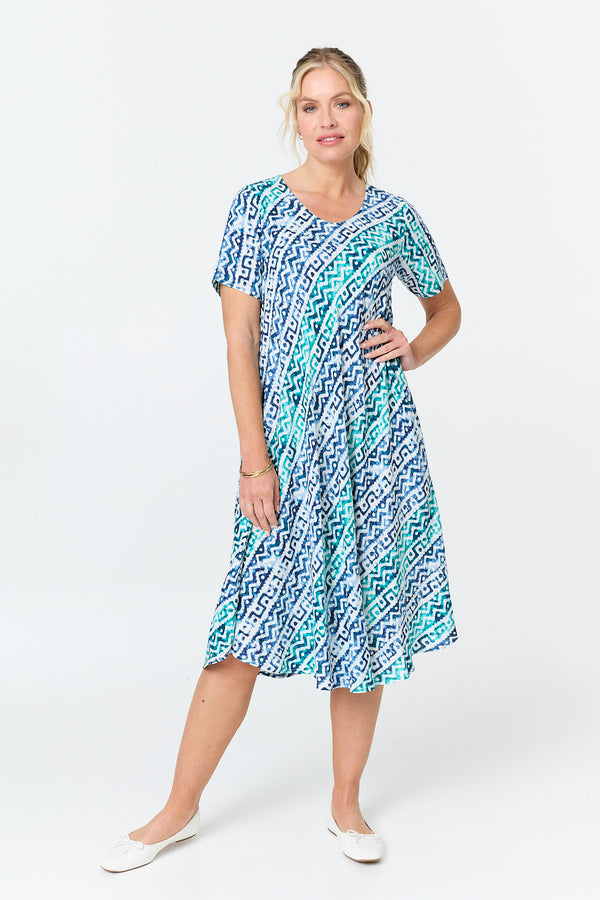 Blue | Printed Relaxed Short Sleeve Midi Dress