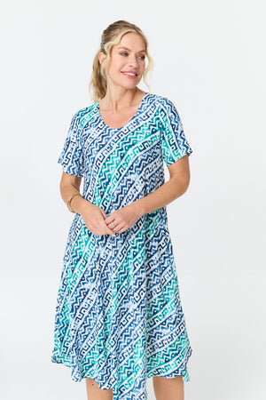 Blue | Printed Relaxed Short Sleeve Midi Dress