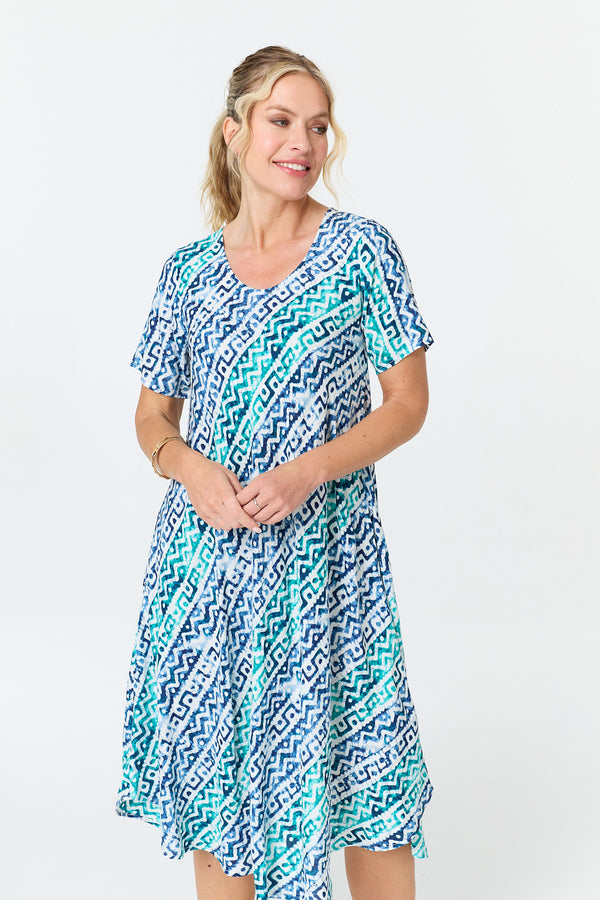 Blue | Printed Relaxed Short Sleeve Midi Dress