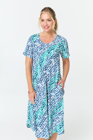 Blue | Printed Relaxed Short Sleeve Midi Dress