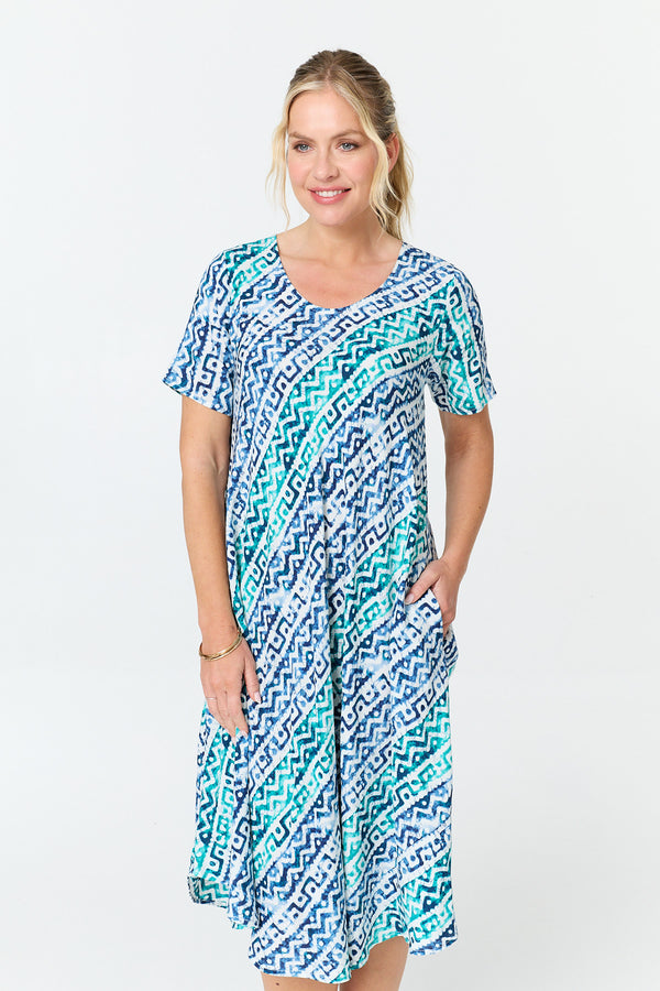 Blue | Printed Relaxed Short Sleeve Midi Dress