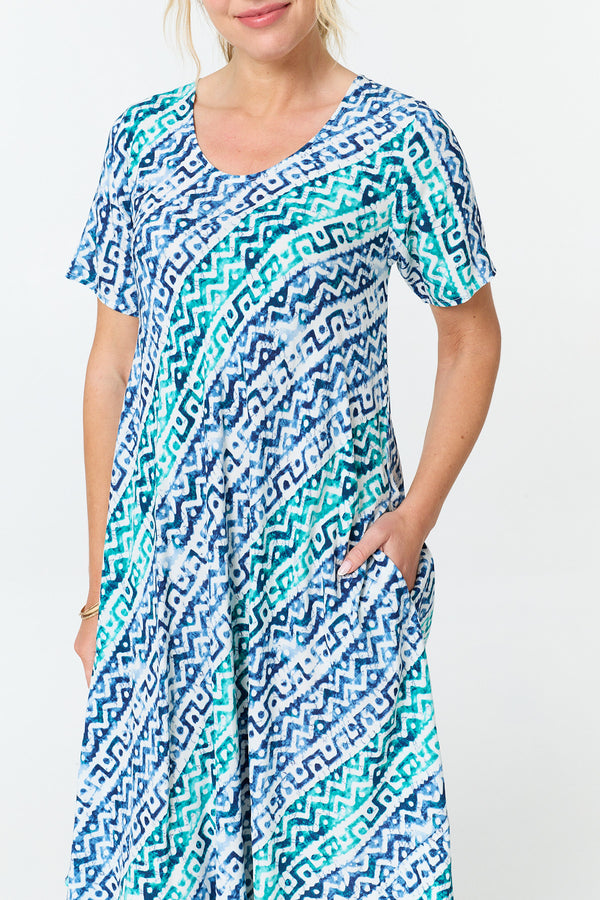 Blue | Printed Relaxed Short Sleeve Midi Dress