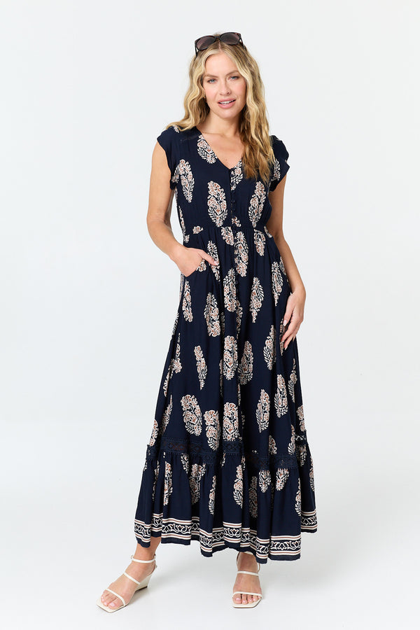 Navy | Printed Cap Sleeve V-Neck Maxi Dress