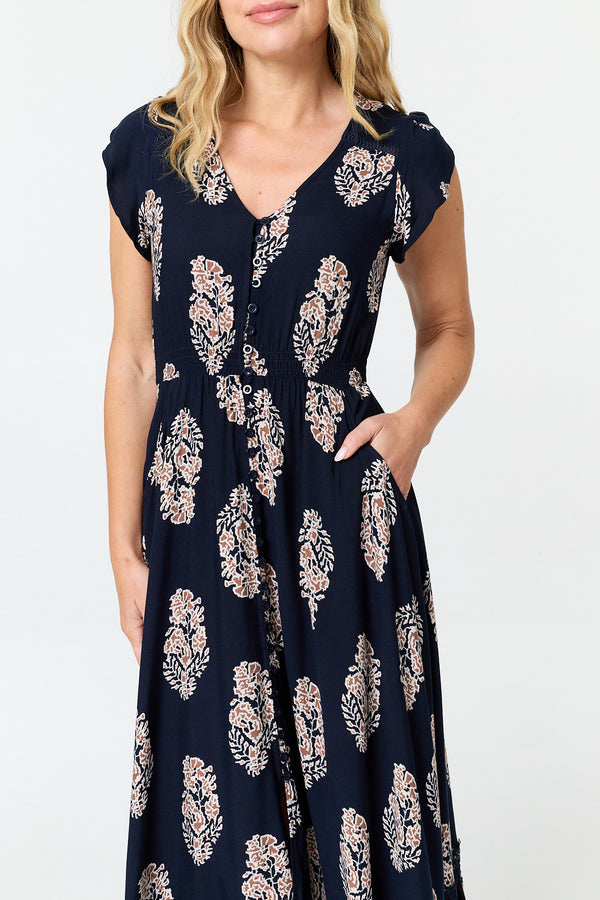 Navy | Printed Cap Sleeve V-Neck Maxi Dress
