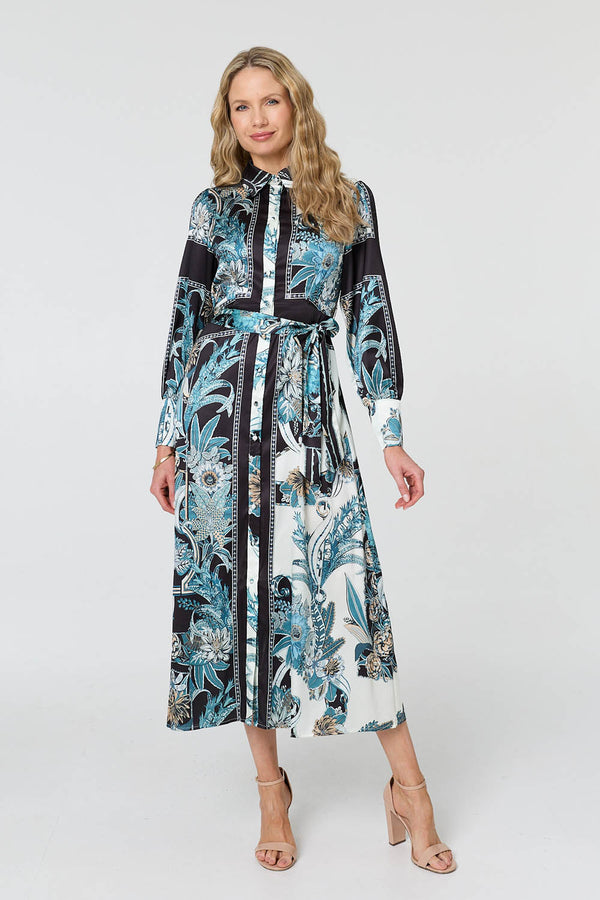 Black | Printed Long Sleeve Tie Shirt Maxi Dress
