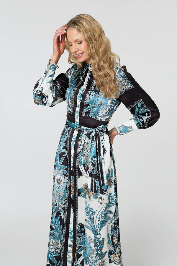 Black | Printed Long Sleeve Tie Shirt Maxi Dress