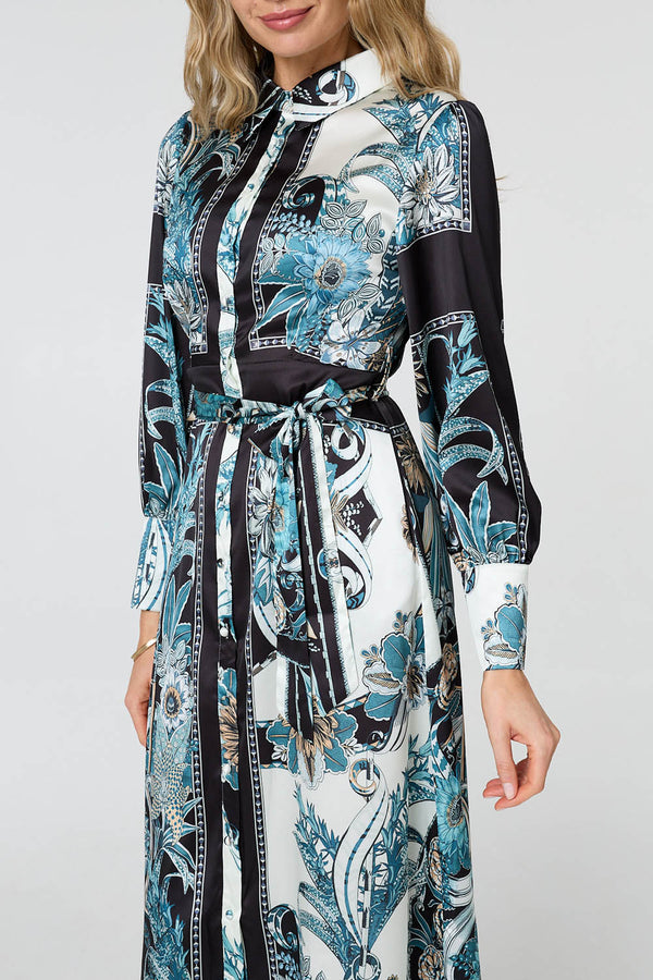 Black | Printed Long Sleeve Tie Shirt Maxi Dress