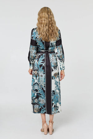 Black | Printed Long Sleeve Tie Shirt Maxi Dress