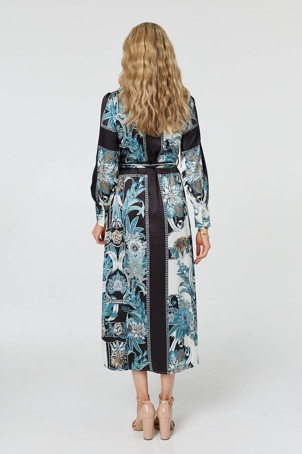 Black | Printed Long Sleeve Tie Shirt Maxi Dress
