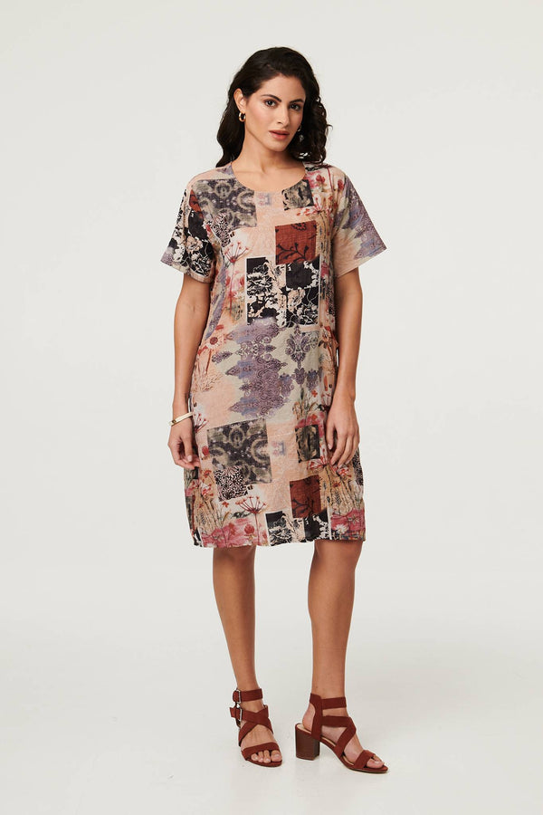 Beige | Patchwork Print Short Shift Dress : Model is 5'8"/172 cm and wears UK8/EU36/US4/AUS8